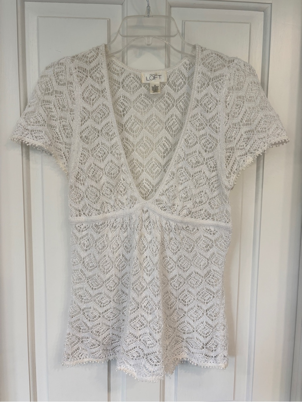 LOFT White Cotton Blend Crochet Lace Knit V-neck Short Sleeve Top Boho Babydoll